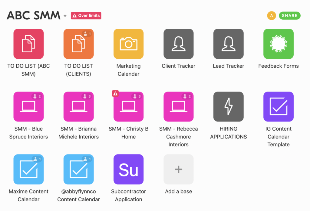 Screenshot of my Airtable workspace that houses all the bases I use for my social media management business