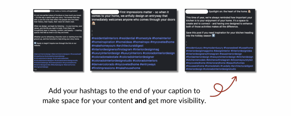 Examples of how interior designers use hashtags at the end of an Instagram caption to get more visibility.