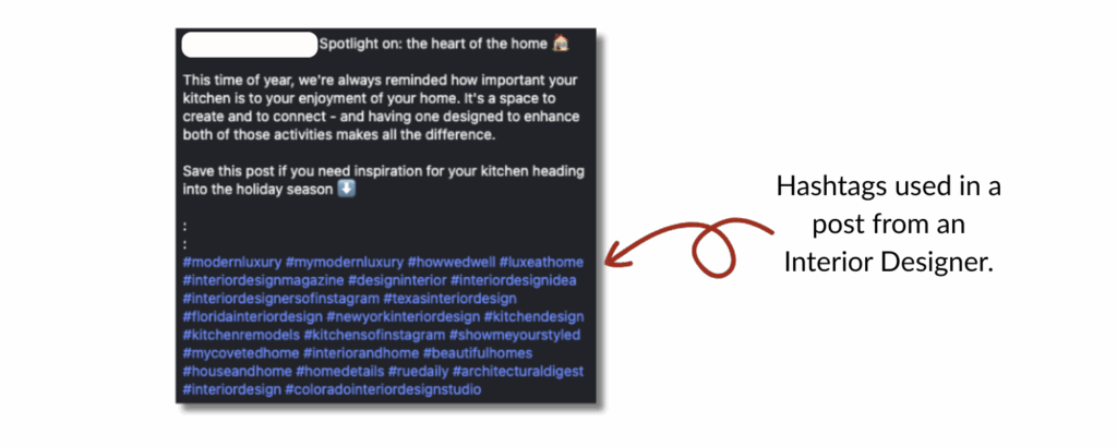 Hashtags used in a a post from an interior designer on Instagram.