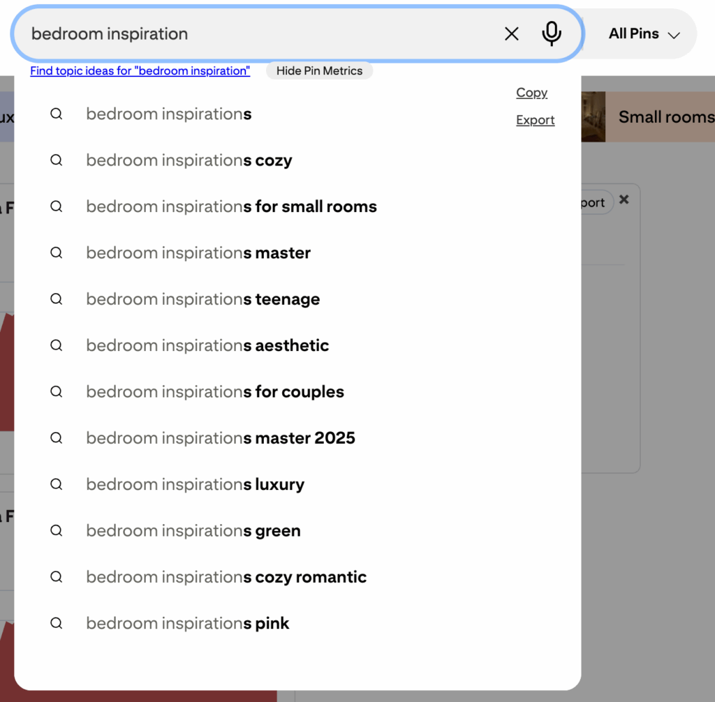 Examples of interior design searches in the Pinterest search bar to show how to use Pinterest SEO for interior designers.