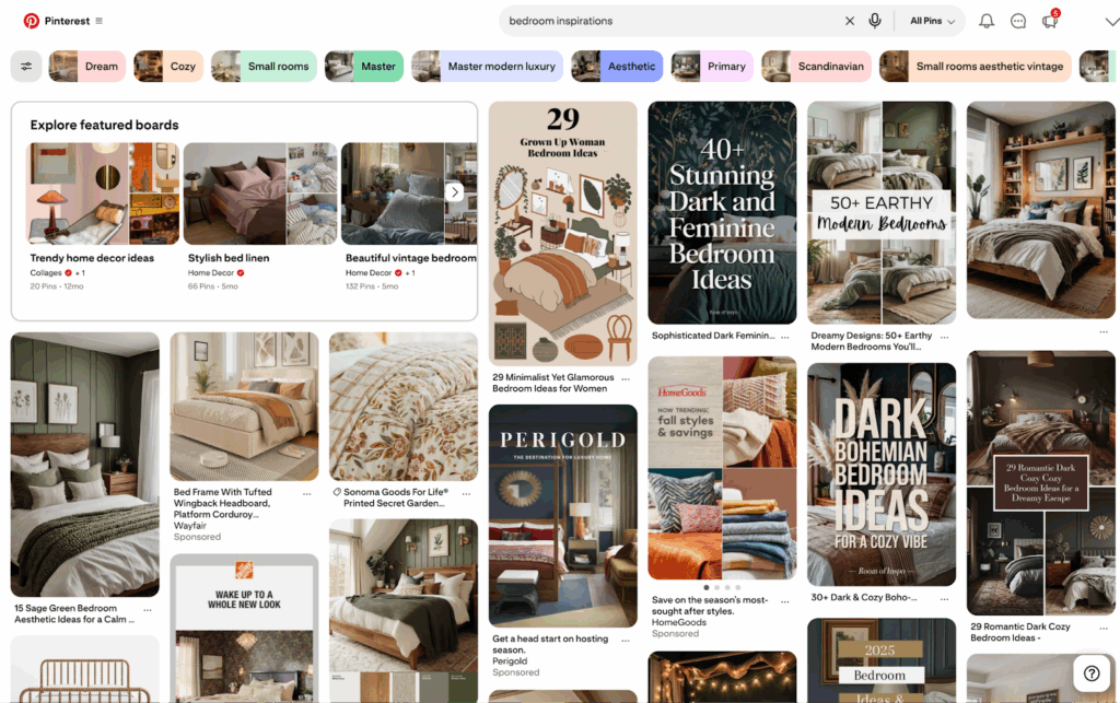 Examples of a feed when searching "bedroom inspirations" in Pinterest to share how to do research for Pinterest SEO as an interior designer.